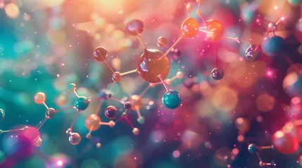 Zelfklevend Fotobehang Ultra-detailed pharmacological landscape, showcasing futuristic chemical structures and medical molecules in a close-up view, vibrant colors © Virtual Art Studio