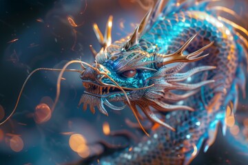 Quantum bits transforming into mystical dragons - obrazy, fototapety, plakaty
