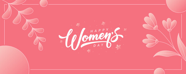 Women's Day banner design. Vector minimalistic illustration with hand drawn lettering. Holiday banner decorated with graphic elements.