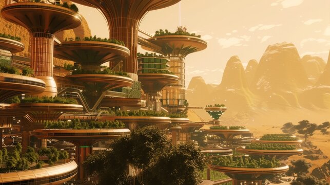 Terraced farming structure in a futuristic Martian colony