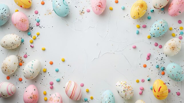 Easter egg border on white background with room for text