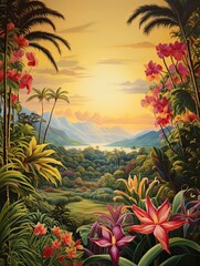 Fototapeta na wymiar Island Flora Bliss: Vintage Painting of a Tropical Paradise's Countryside.