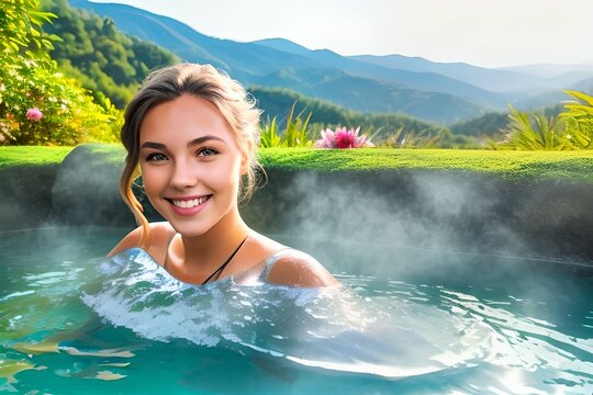 Bella ragazza che si rilassa in una piscina termale spa in natura all'aperto fre montagne e boschi