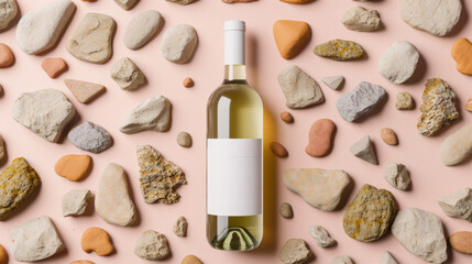 Minimalist Wine Bottle Presentation - Elegant Product Mockup with Natural Stone Background - obrazy, fototapety, plakaty