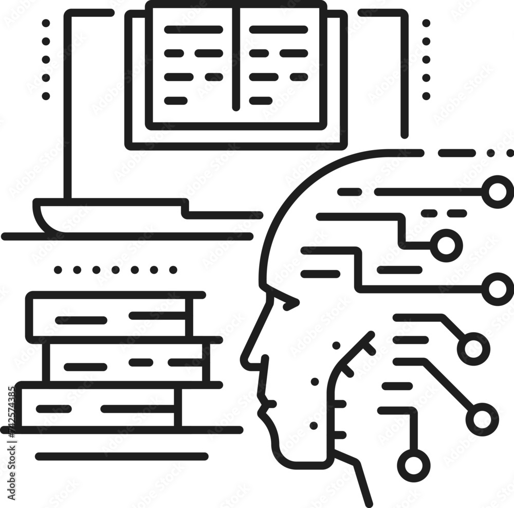 Fototapete Machine unsupervised learning, AI artificial intelligence algorithm icon. Artificial intelligence future technology, AI data analysis, computer science line vector icon with laptop, android face