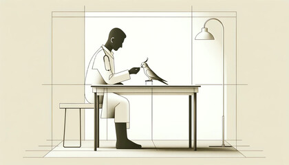 Veterinarian performing a medical examination on a bird inside a minimalist veterinary clinic 