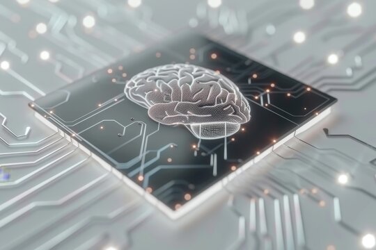 AI Brain Chip purple. Artificial Intelligence enhancement mind synaptic depression mechanisms axon. Semiconductor parallel processing circuit board semiconductor assembly