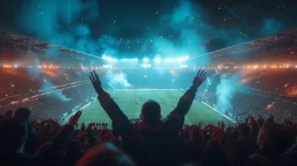 Foto auf Acrylglas Excited crowd of soccer fans cheering with hands in the air and smoke rising from the stadium © VICHIZH