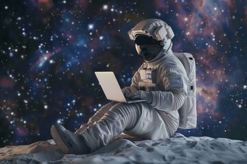 Astronaut working on a laptop in space.