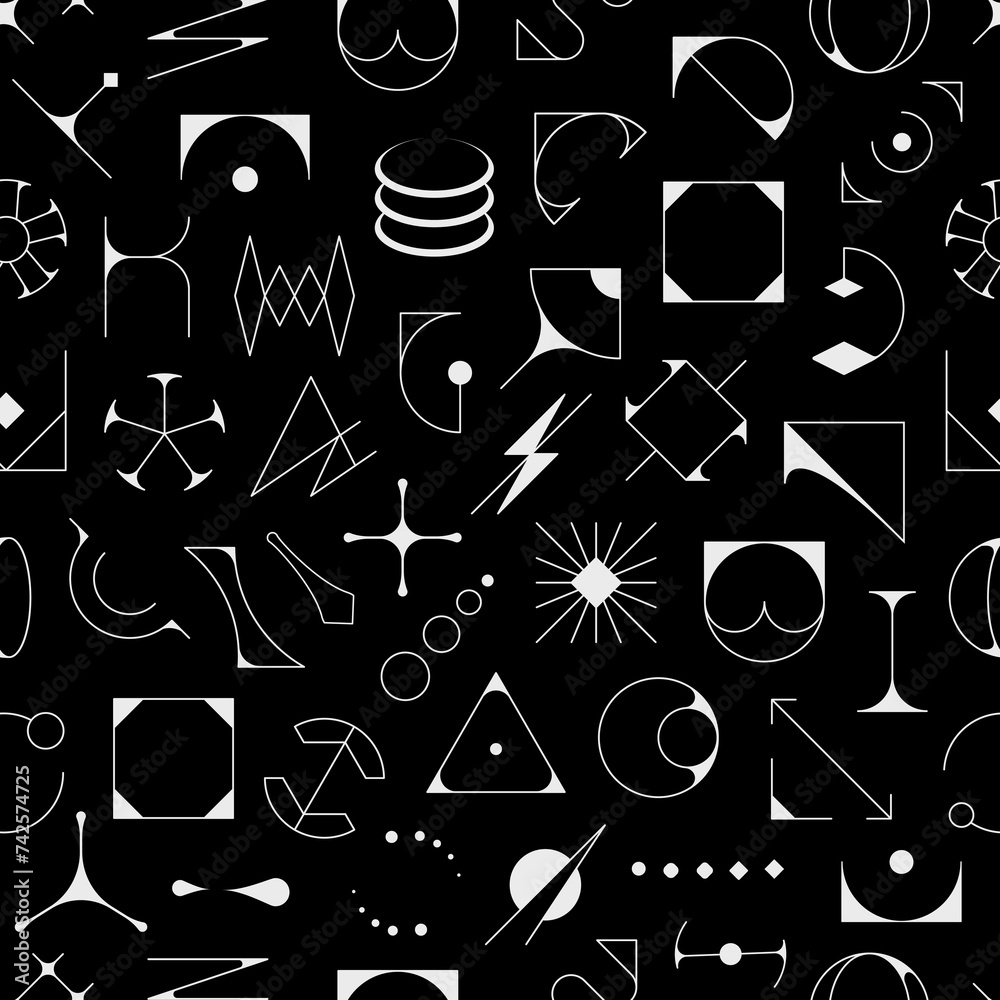 Poster Futuristic brutalism shapes and geometric figures seamless pattern. Vector tile background with angular structures, stark lines and bold shapes creating a bold and powerful visual repeating design