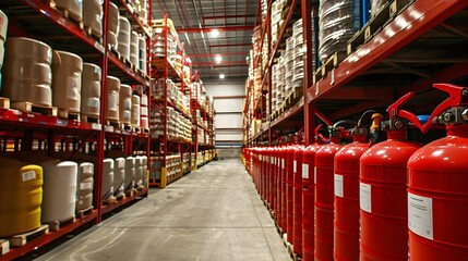 Fire extinguishers in the warehouse. Fire safety  - obrazy, fototapety, plakaty