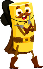 Cartoon Italian pasta cowboy and sheriff, bandit and robber, ranger character. Cannelloni pasta Western cowboy mascot, Italian cuisine meal Wild West bandit or ranger isolated vector cute personage