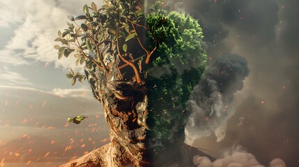 Global warming split scene, polluted tree-headed human, opposite side green and fresh - obrazy, fototapety, plakaty