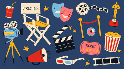 Movie or cinema elements collection. Tickets, popcorn, award, film, 3d glasses, clapperboard.