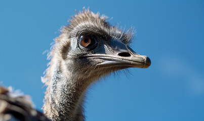 Close-up shot of the head of a Dodo flightless bird isolated against a sunny blue sky. Concept shot on extinction, poaching, hunting, deforestation and the threat to animals from humans