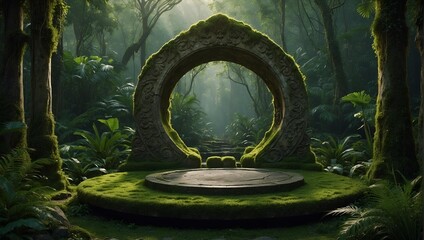 Empty stone product display podium with tropical forest background . Product presentation ideas