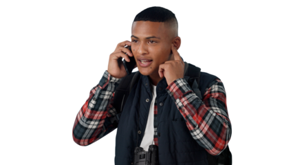 Phone call, hiking and man with conversation, digital app and communication on a isolated, png transparent background. Person, hiker and smartphone for direction with wellness, speaking and health