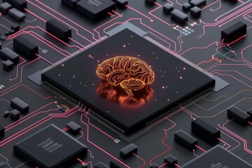 AI Brain Chip 3. Artificial Intelligence customer human virtual memory mind circuit board. Neuronal network neon tangerine dream smart computer processor reticle