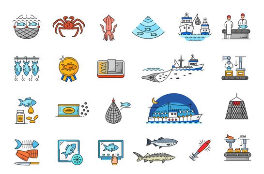 Fishing industry line icons of fishery boat, fish and seafood in outline vector. Sea fishing industry linear color icons of fisherman net or ship with fishnet, fish procession and production equipment