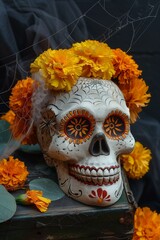 Sugar Skull Amidst Autumn Blooms for Dia De Los Muertos