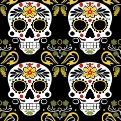 Repeating Skull and Flower Design for Dia De Los Muertos