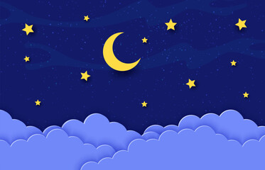 Obraz na płótnie Canvas Night sky with paper cut moon crescent and stars in clouds, cartoon vector background. Dream or sleep art and bedtime fairy tale background with paper cut clouds and starry sky for kids or baby room
