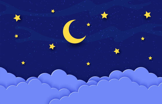 Night sky with paper cut moon crescent and stars in clouds, cartoon vector background. Dream or sleep art and bedtime fairy tale background with paper cut clouds and starry sky for kids or baby room