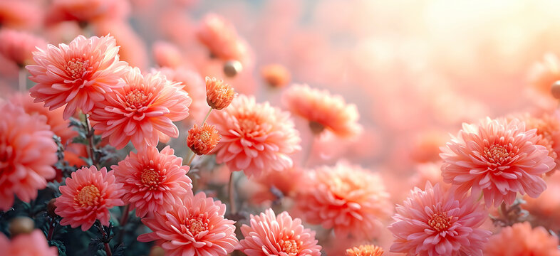Pink chrysanthemum flowers on sunny background.