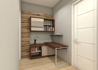 Fototapeta na wymiar Minimalist Workspace Design with Wooden Desk and Hanging Cabinet