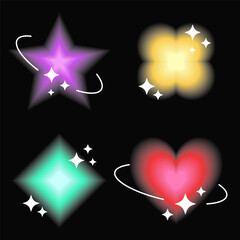 Set of glowing symbols and shapes in white frames with blinks, retro Y2K graphic design elements and stickers. Vector illustration.