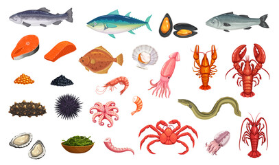 Cartoon seafood and fish, vector food. Shrimp, lobster and crab, oyster and shellfish, squid, octopus and crayfish, scallop, mussel and caviar. Sea cucumber, tuna, eel, trout and prawn seaweed, urchin - obrazy, fototapety, plakaty