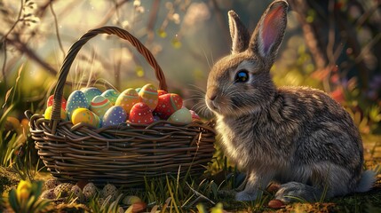 Cute and fluffy white rabbit in a wicker basket surrounded by colorful Easter eggs on a green grass background - Powered by Adobe