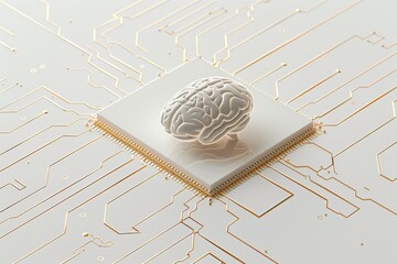 AI Brain Chip diagnostics. Artificial Intelligence fet human information processing mind circuit board. Neuronal network document similarity smart computer processor trademark