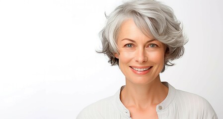 Mujer mayor con cabello gris y sonrisa - obrazy, fototapety, plakaty