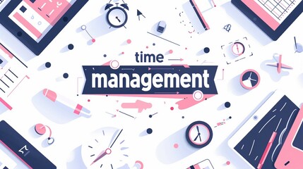 A minimalist flat design featuring time management, sleek letters with a subtle shadow effect, and stylized icons of clocks and calendars, conveying simplicity in efficient time organization.
