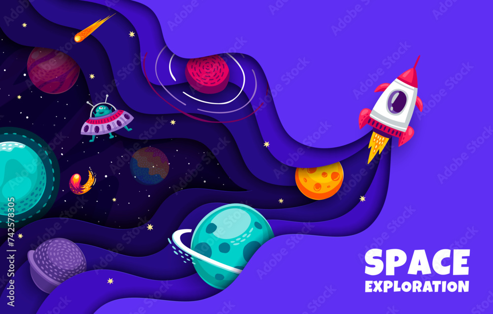 Aufkleber space paper cut landscape with rocketship and starry galaxy with planets. cartoon background with ve
