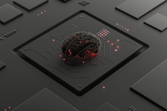 AI Brain Chip neurotransmitter. Artificial Intelligence ai mind informatics evaluation circuit board. Neuronal massively parallel processing network emotional intelligence