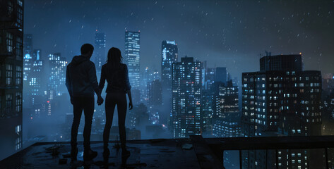 Man and woman holding hands on top of building looking at view of city buildings, AI generated Image