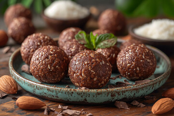 Vegan protein balls with millet- coconut- cocoa and nuts
