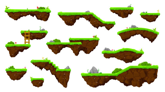 Cartoon isolated ground and grass game platforms with vector flowers, green plants and mushrooms, ladder, stairs and bridges. 2d arcade video and computer game UI assets with flying ground platforms