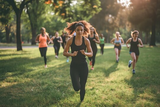 Outdoor fitness boot camp with a coach leading a diverse group of participants in a sunny park, demonstrating high-intensity interval training exercises