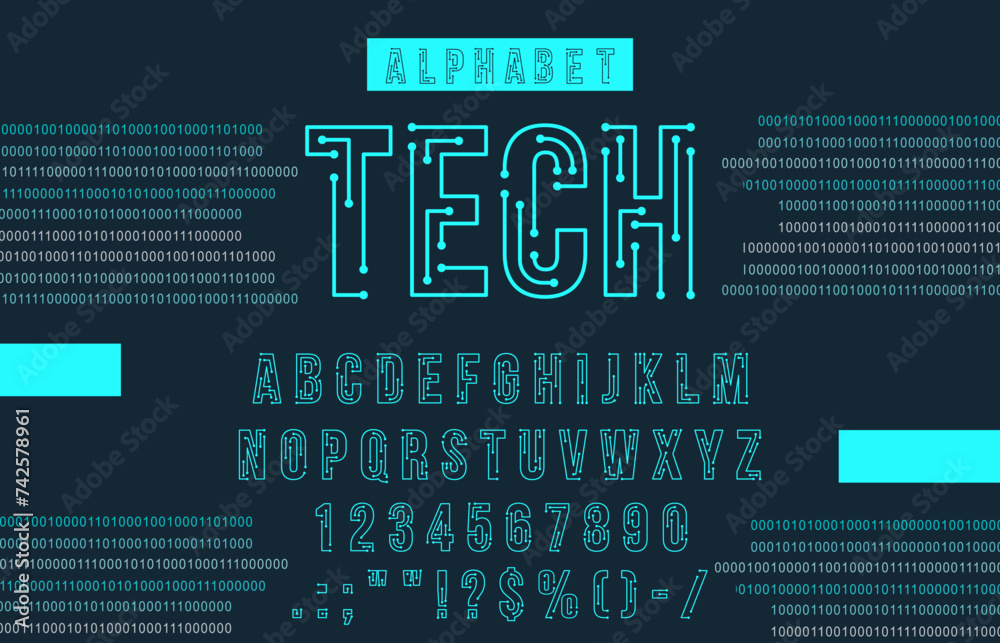 Poster Futuristic cyber tech font, neon typeface, modern type, English computer alphabet letters, digits and punctuation marks. Vector blue chip microcircuit glowing abc uppercase characters, electric signs