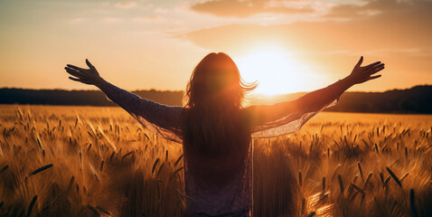 Woman Arms Up Hands Raised Field Praise Sunset - obrazy, fototapety, plakaty