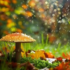 Mushrooms in the rain full of dew and drops in the forest, close-up of fresh lush nature in summer and fall, plants growing wild to collect, food for animals template backgrounds environment sustainab