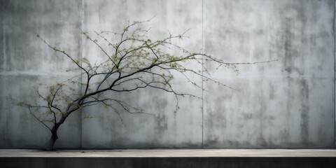 Solitary tree with spring buds against concrete wall