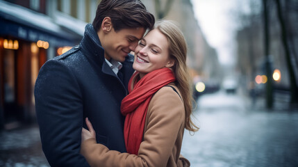 Naklejka premium Loving couple embracing on a snowy city street