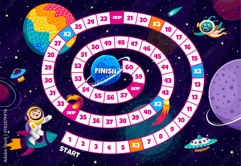 Aufkleber Board step game with galaxy space planets, kid astronaut on rocket, ufo and alien. Vector riddle for players advancing through celestial realms and cosmic challenges, stellar journey of skill and fun