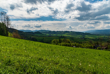 Beautiful springtime Beskid mountains - view above Vendryne hill in Czech republic