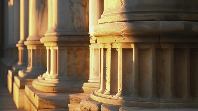 A historic courthouse its pillars basked in golden backlight.