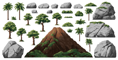 Dinosaur era environment pixel game assets, palms, stones and volcano mountain, vector set. Jurassic world 8bit pixel game elements of stone rocks and green trees for dinosaur island adventure - obrazy, fototapety, plakaty